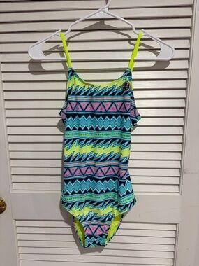 Girls Neon Geo Stripe One-Piece Swimsuit